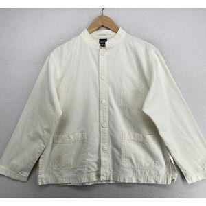 EILEEN FISHER Jacket M Cotton Canvas Chore Mandarin Button Up White USA VTG